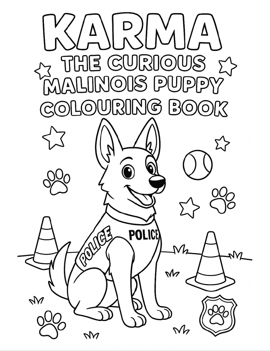 Free Karma the Curious Malinois Puppy Colouring Book (Printable PDF)
