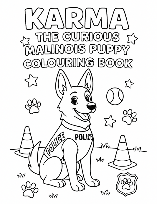 Free Karma the Curious Malinois Puppy Colouring Book (Printable PDF)