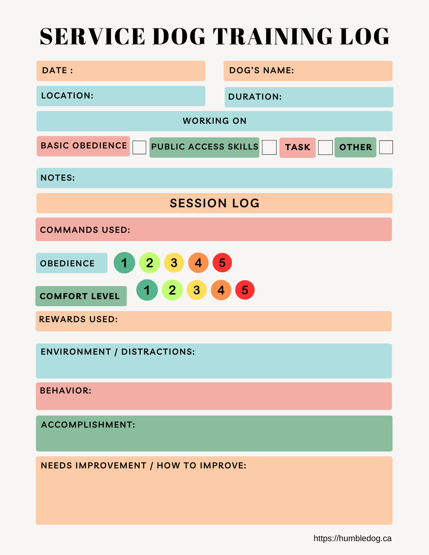 Free Service Dog Training Log (Printable PDF)